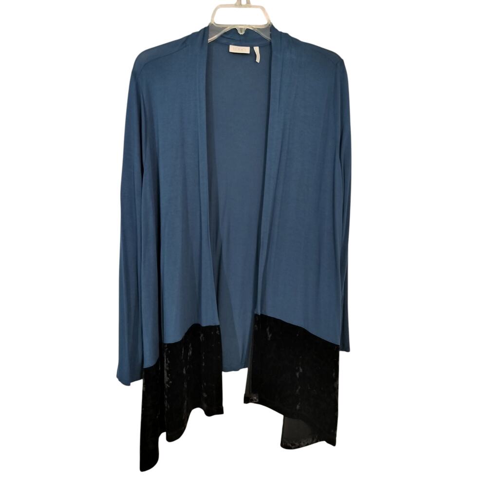 3702) LOGO Lori Goldstein Blue Black velour Open Front Drape Cardigan Large